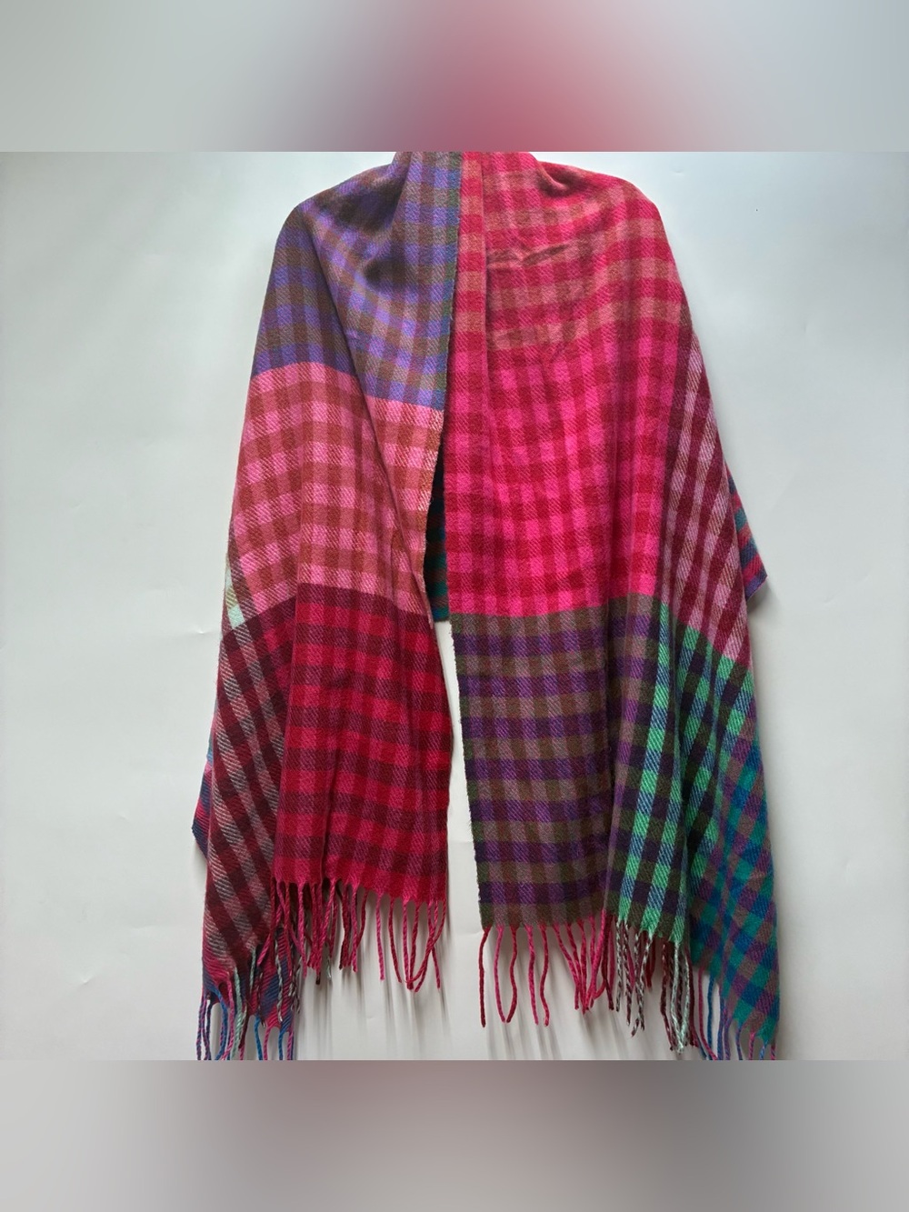 Loft Plaid Fringe Patchwork Bright Colorful Long Big Blanket Scarf Soft Pink